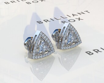 CTW Triangle Earrings, Diamond Halo Stud Earrings in 14K White