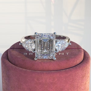 3 Carat Emerald Cut Lab Diamond Ring, Platinum Engagement Ring, White Gold Emerald with Pear 3 Stone Lab Grown Diamond Ring