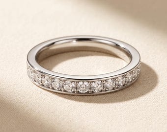 1/2 CT Round Lab Grown Diamond Half Eternity Wedding Band, 14K White Gold Pave Anniversary Ring, IGI Certified Stackable Band