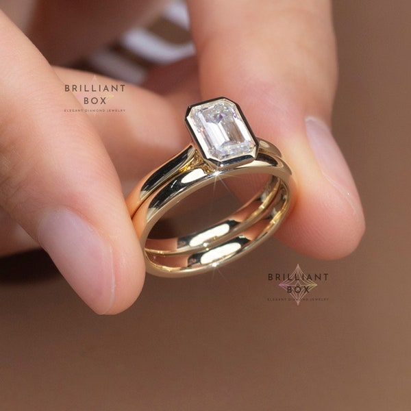 2 Carat Diamond Ring Bezel Set Wedding Ring Set Emerald Bezel Set Ring Moissanite Bezel Set Engagement Ring Set Bezel Set Ring Gold Bezel