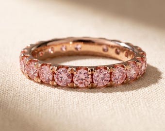 2 CT Pink Lab Grown Diamond Full Eternity Band, Round Fancy Pink Diamond 14K Rose Gold Wedding Ring, Shared Prong Anniversary Gift
