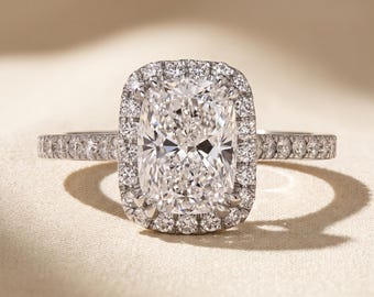 3 Carat Elongated Cushion Cut Lab Grown Diamond Halo Engagement Ring, 14K White Gold, Pave Band, IGI Certified E VVS 1-5 CT