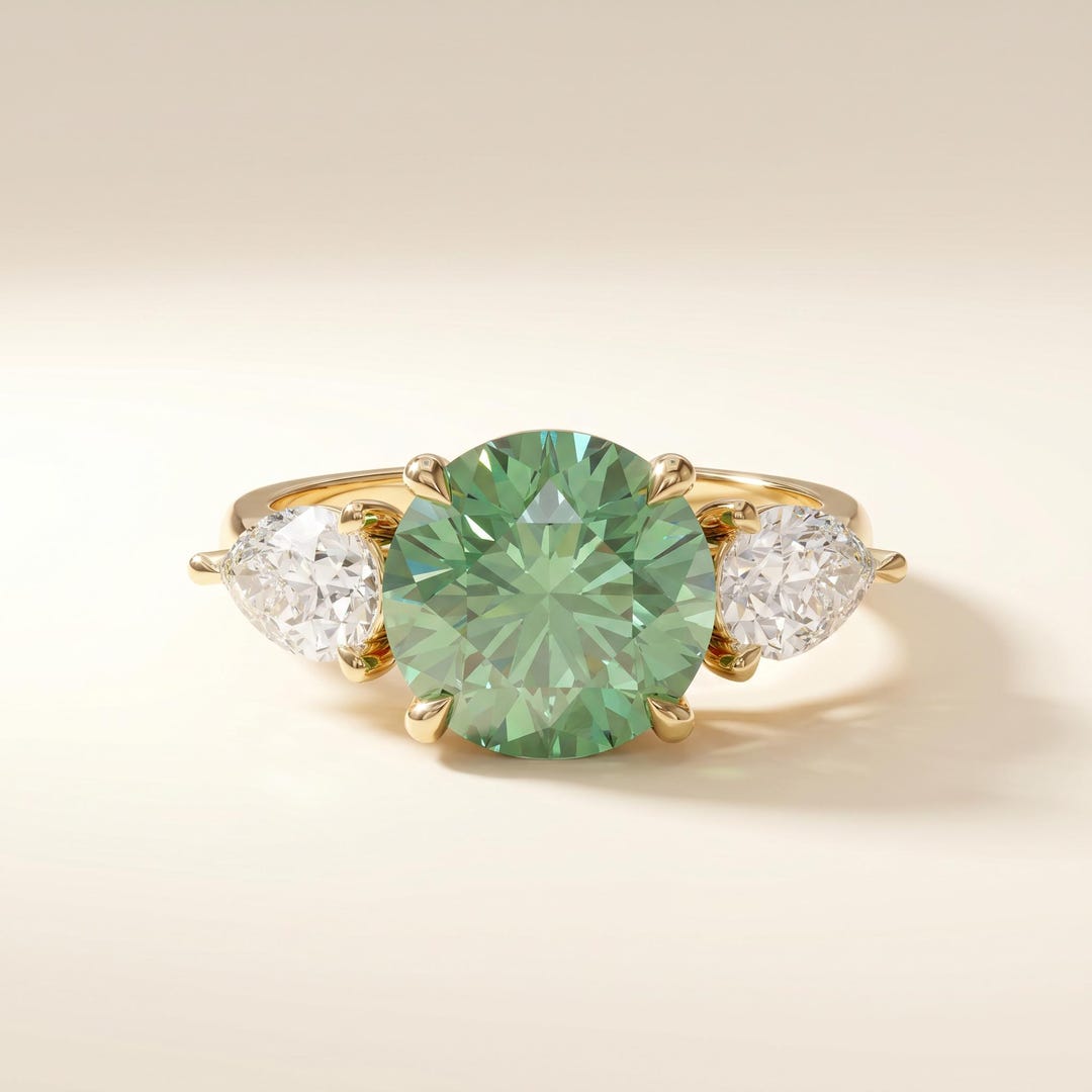 Fancy Circlular R 3 Carat Fancy Vivid Green Round Brilliant Lab Grown Diamond Three Stone ...