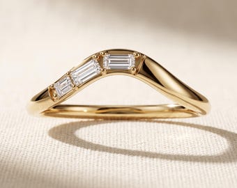 0.30 CT Baguette Lab Grown Diamond Curved Wedding Band, 14K Yellow Gold Contour Chevron Ring, IGI Certified Stackable Nesting Band
