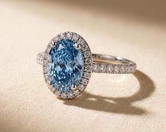 1 to 5 CT Fancy Vivid Blue Oval Cut Lab Grown Diamond Halo Engagement Ring, Pave Band, 14K White Gold, IGI Certified, Gift for Her