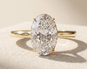 2 Carat Oval Lab Grown Diamond Hidden Halo Engagement Ring, Slim 2mm 14K Yellow Gold Cathedral Band, IGI Certified E VVS 1-5 CT