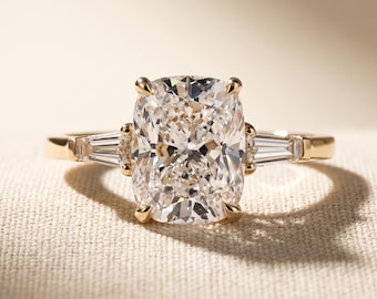 3 Carat Elongated Cushion Cut Lab Grown Diamond Three Stone Engagement Ring, 14K Yellow Gold, Tapered Baguette, IGI E VVS 1-5 CT