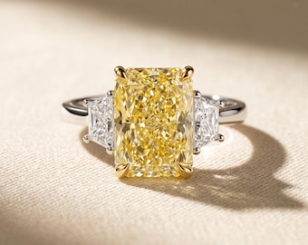 2 to 5 CT Fancy Intense Yellow Radiant Cut Lab Grown Diamond Three Stone Engagement Ring, Trapezoid Sides, Two Tone Gold, IGI Certified