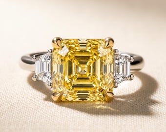 1-5 CT Fancy Vivid Yellow Asscher Cut Lab Grown Diamond Three Stone Engagement Ring, Trapezoid Sides, 14K White Gold, IGI Certified
