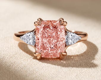1-5 CT Fancy Intense Pink Cushion Cut Lab Grown Diamond Three Stone Engagement Ring, Pear Side Stones, 14K Rose Gold, IGI Certified