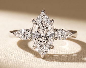 3 Carat Marquise Cut Lab Grown Diamond Three Stone Engagement Ring, 14K White Gold, Pear Side Stones, IGI Certified E VVS 1-5 CT