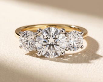 1-5 CT Round Lab Grown Diamond Three Stone Engagement Ring, Round Side Stones, 14K Yellow Gold, IGI Certified Trilogy Bridal Gift