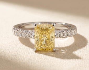 3 Carat Fancy Vivid Yellow Radiant Cut Lab Grown Diamond Hidden Halo Engagement Ring, 14K White Gold, Pave Band, IGI Canary Ring 2-5 CT