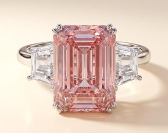 4 CT Emerald Cut Fancy Pink Lab Grown Diamond Three Stone Engagement Ring, Trapezoid Sides, 14K White Gold, IGI Certified Art Deco