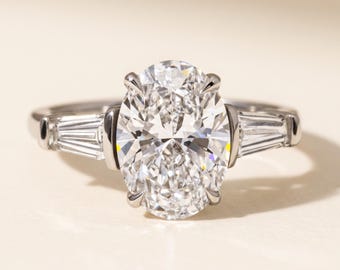2 CT Oval Lab Grown Diamond Three Stone Engagement Ring, Tapered Baguette Side Stones, 14K White Gold, IGI Certified Bridal Gift