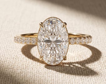 3 Carat Oval Lab Grown Diamond Halo Engagement Ring, 14K Yellow Gold Pave Shank Cathedral Band, IGI Certified E VVS 1-5 CT