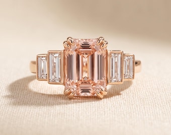 2 to 5 CT Fancy Intense Pink Emerald Cut Lab Grown Diamond Engagement Ring, Baguette Sides, 14K Rose Gold, IGI Certified, Art Deco