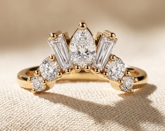 Curved Chevron Crown Wedding Band, Pear Baguette Round Lab Diamond Contour Ring 14k Yellow Gold 0.90 ctw E-F VVS Nesting Bridal Band