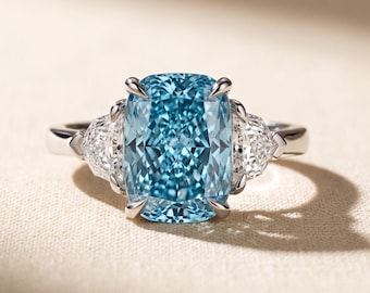 2 to 5 CT Fancy Vivid Blue Elongated Cushion Lab Grown Diamond Three Stone Engagement Ring, Cadillac Sides, 14K White Gold, IGI Certified