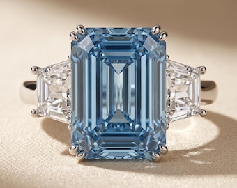 4 CT Fancy Blue Emerald Cut Lab Grown Diamond Three Stone Engagement Ring, Trapezoid Side Stones, 14K White Gold, IGI Certified