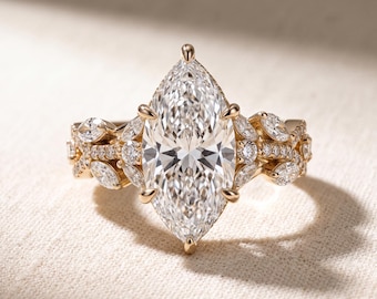 2 CT Marquise Lab Grown Diamond Floral Cluster Engagement Ring, Nature Inspired Twisted Vine Pave Band, 14K Yellow Gold, IGI Certified