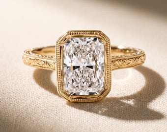3 Carat Radiant Cut Lab Grown Diamond Bezel Solitaire Engagement Ring, 14K Yellow Gold, Vintage Engraved Band, IGI E VVS 1-5 CT