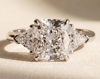 2 Carat Cushion Cut Lab Grown Diamond Three Stone Engagement Ring with Trillion Side Stones, 14K White Gold IGI Certified 1-5 CT