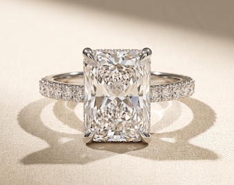 3 CT Radiant Cut Lab Grown Diamond Hidden Halo Engagement Ring, Crushed Ice Pave Band, 14K White Gold, IGI Certified Proposal