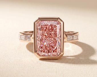 1-5 ct Fancy Vivid Pink Radiant Cut Lab Diamond Bezel Engagement Ring, Channel Baguette Sides 14k Rose Gold IGI Certified