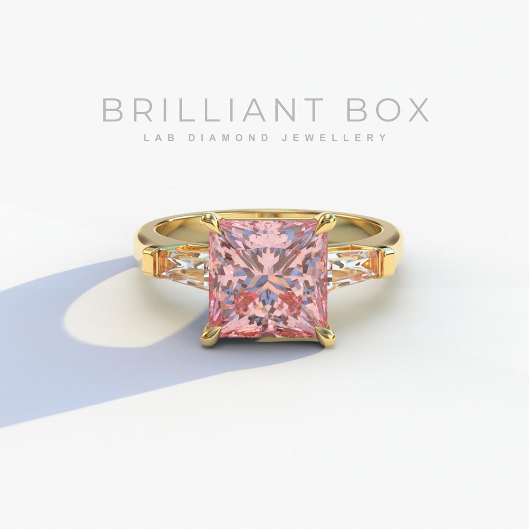 3 Carat Princess Cut Pink Lab Grown Diamond Engagement Ring - Certified ...