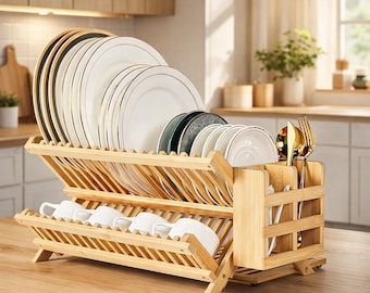 3-Tier Bamboo Dish Drying Rack with Utensil Holder