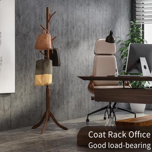 May include: A wooden coat rack with multiple branches, holding a tan handbag, a black purse, and a two-tone bag. The rack is in an office setting with a desk, chair, and computer. Text on the image reads: Coat Rack Office, Good load-bearing.