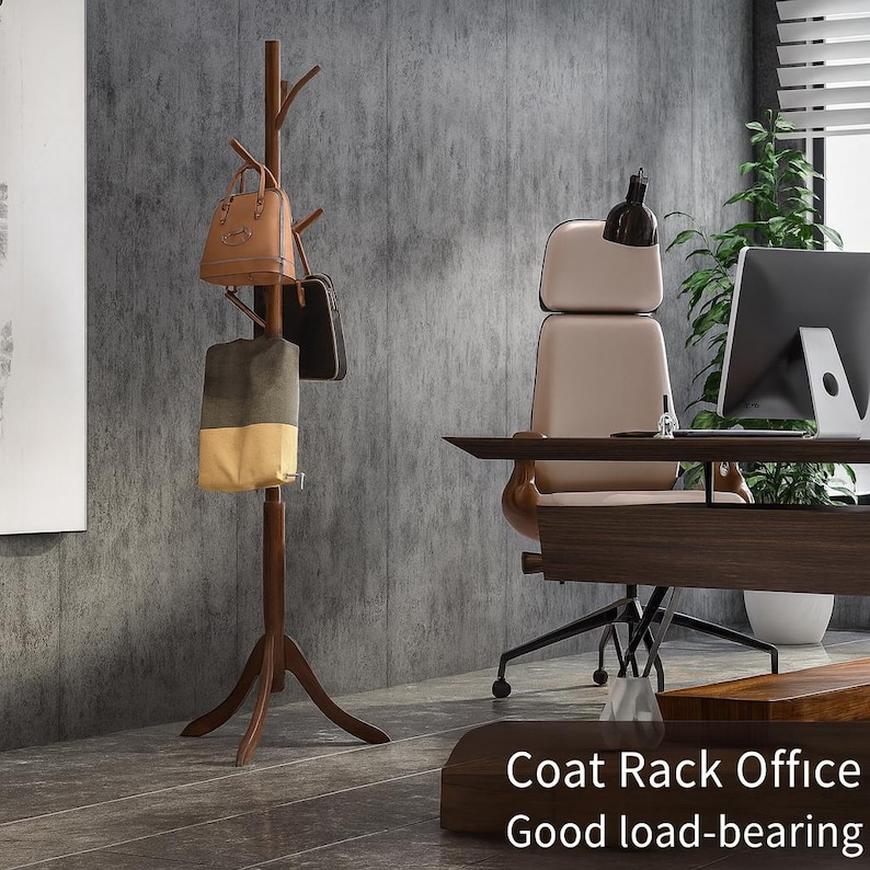 May include: A wooden coat rack with multiple branches, holding a tan handbag, a black purse, and a two-tone bag. The rack is in an office setting with a desk, chair, and computer. Text on the image reads: Coat Rack Office, Good load-bearing.