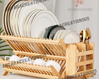 3 Tier Wooden Dish Drying Rack with Utensil Holder | Bamboo Plate Rack | Kitchen Holder | Laundry Dry Rack | Dish Organizer | Kitchen Decor