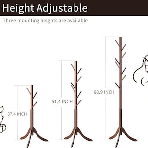 May include: Brown wooden coat rack with a tree branch design. The rack is height adjustable, with three mounting heights available: 37.4 inches, 51.4 inches, and 68.9 inches. The base has a tripod design.