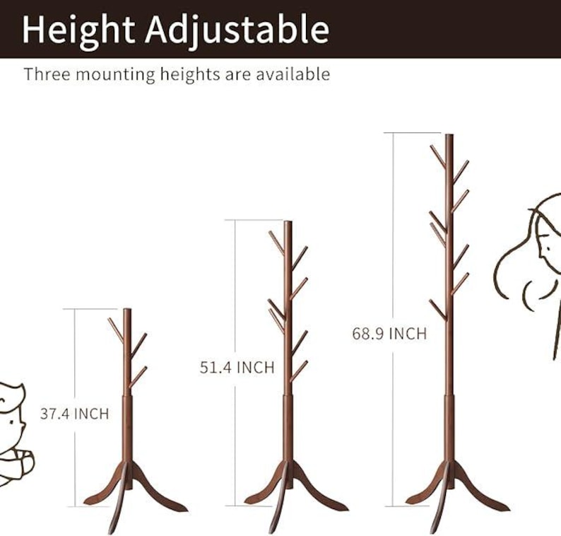 May include: Brown wooden coat rack with a tree branch design. The rack is height adjustable, with three mounting heights available: 37.4 inches, 51.4 inches, and 68.9 inches. The base has a tripod design.