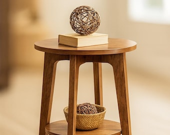 Side Table, 2-Tier Small Round End Table, Rustic Walnut Nightstand with Tapered Legs for Bedroom, Living Room & Small Spaces
