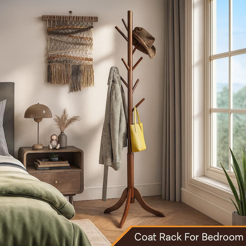May include: A dark brown wooden coat rack with multiple branches for hanging items. A gray coat, yellow tote bag, and brown hat are displayed. The rack is in a bedroom setting, with a woven wall hanging and a nightstand visible.