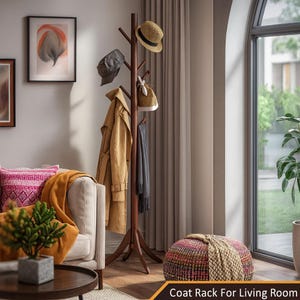 May include: A dark brown wooden coat rack with multiple hooks, holding a tan trench coat, a gray scarf, and various hats and a bag. The rack is in a living room setting with a window and a couch.