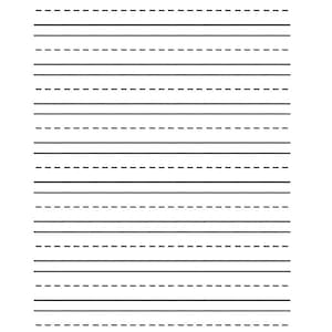 Op de afbeelding: Een vel wit schrijfpapier met een reeks horizontale lijnen. Elke set bestaat uit een doorgetrokken bovenlijn, een gestippelde middenlijn en een doorgetrokken onderlijn, ontworpen om te helpen bij het vormen van letters en schrijven.