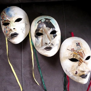Three Authentic All Handmade Papier Mache Venetian Masks, Rare Art, from Italy