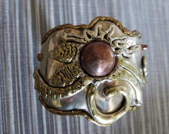 Vintage Handmade Artisan Mixed Metal 7"  Brutalist Cuff Bracelet