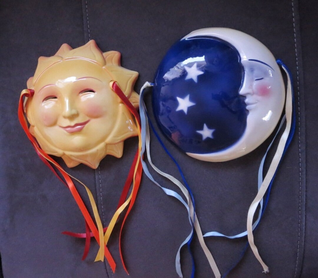 2 Clay Art Ceramic Face Masks, Sun and Moon Wall Hangings, RARE - Etsy