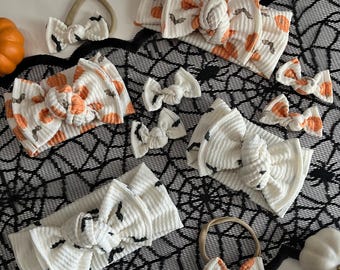 Halloween Pumpkin Bat Head Wrap Newborn, Toddler Pigtail Set, Baby Headband