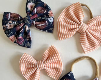 Football Hair Bows, Navy Floral & Peach Stripe, Newborn to Child