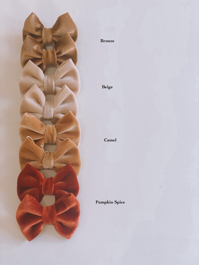 K&ouml;nnte beinhalten: Satz mit f&uuml;nf Samthaarspangen in Braunt&ouml;nen, Beige und Orange. Die Schleifen sind vertikal von dunkel nach hell angeordnet, mit den Bezeichnungen "Bronze", "Beige", "Camel" und "Pumpkin Spice" unter jeder Schleife.