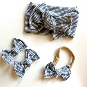 Gray Stripe Waffle Knit Baby Headband Set, Newborn Pigtail Clips, Toddler Knot Bow Headwrap