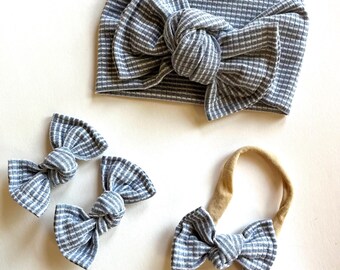 Gray Stripe Waffle Knit Baby Headband Set, Newborn Pigtail Clips, Toddler Knot Bow Headwrap