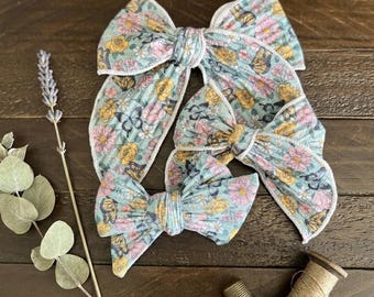 Floral Butterfly Hair Bow – Teal Mustard Cotton Knit Toddler Girl Accessory