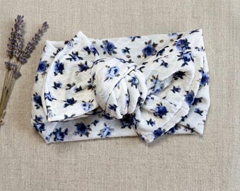 Blue Floral Eyelet Chunky Knot Bow Baby Head Wrap